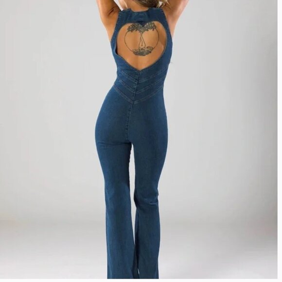 NWT Revice Denim Hollywood Heartthrob Denim Flare Jumpsuit Heart Cutout - Picture 2 of 8
